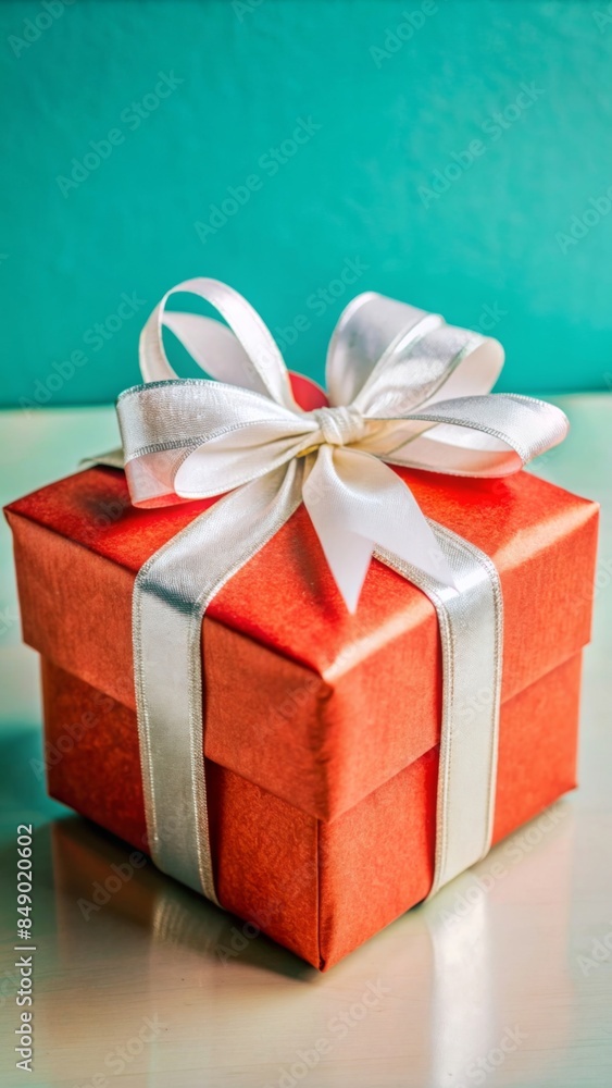 The photo shows a beautifully wrapped gift box. The box is covered in shiny red wrapping paper and tied with a white satin ribbon, forming a neat bow on top. The photo shows a beautifully wrapped gift box. The box is covered in shiny red wrapping paper and tied with a white satin ribbon, forming a neat bow on top.