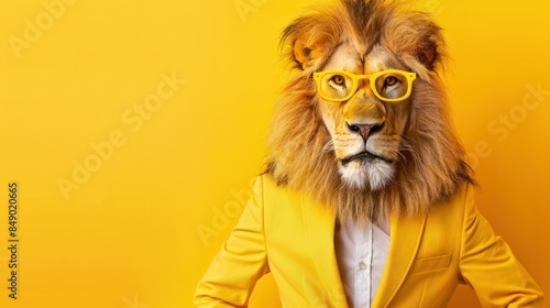 Modern Lion in fashionable trendy outfit with hipster glasses and yellow business suit. Creative animal concept banner. Pastel yellow background banner with copyspace. © ปฏิภาน ผดุงรัตน์
