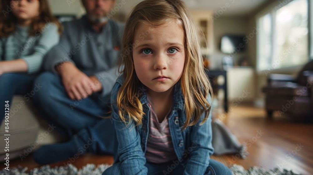 Sad little girl at home being consoled by her parents Sad little girl at home being consoled by her parents