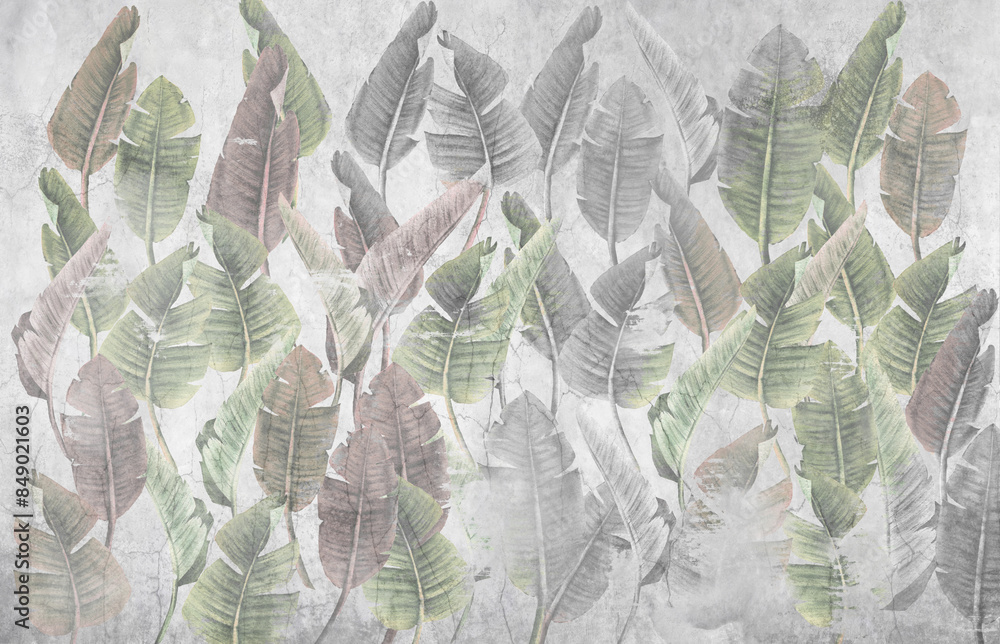 Fototapeta Tropical banana leaves on a concrete wall with cracks in an industrial, vintage, loft style. Mural.