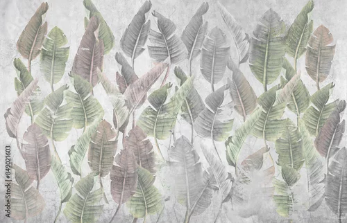 Fototapeta samoprzylepna Tropical banana leaves on a concrete wall with cracks in an industrial, vintage, loft style. Mural.