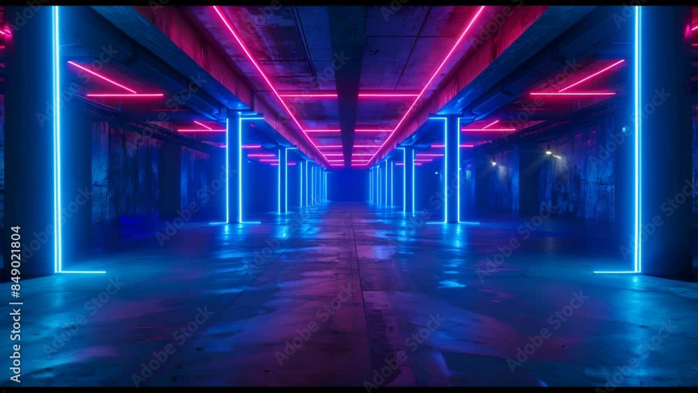 A long, empty, brightly lit room with neon lights A long, empty, brightly lit room with neon lights