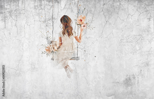 Fototapeta dziewczynka na huśtawce z kwiatami na tle betonu