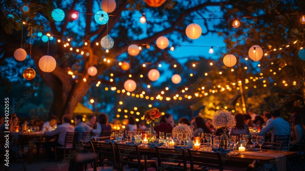 Outdoor dining area with string lights at night Outdoor dining area with string lights at night