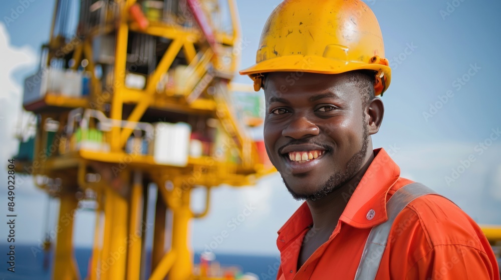 Smiling oil worker in front of rig. Smiling oil worker in front of rig.