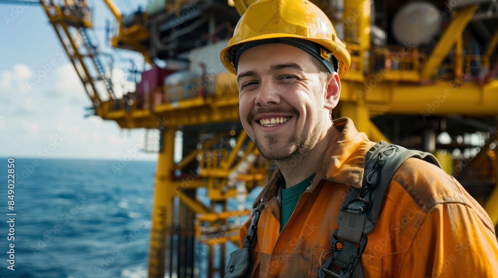 Smiling oil worker in front of rig. Smiling oil worker in front of rig.