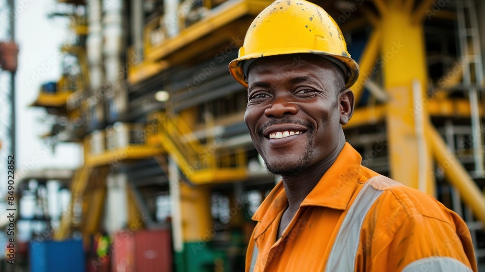 Smiling oil worker in front of rig. Smiling oil worker in front of rig.