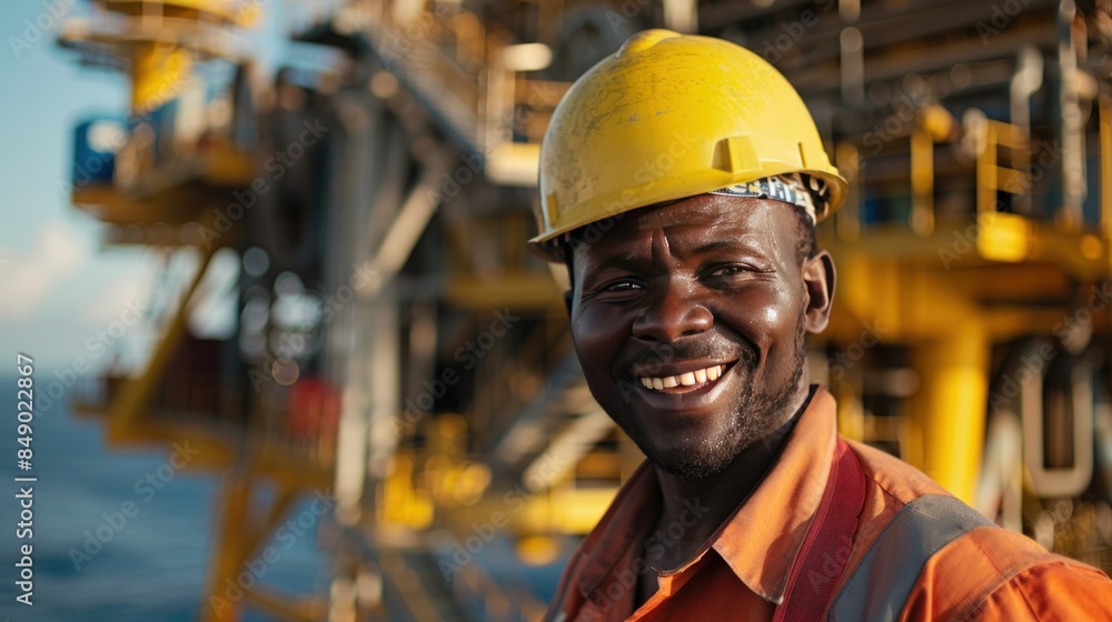 Smiling oil worker in front of rig. Smiling oil worker in front of rig.