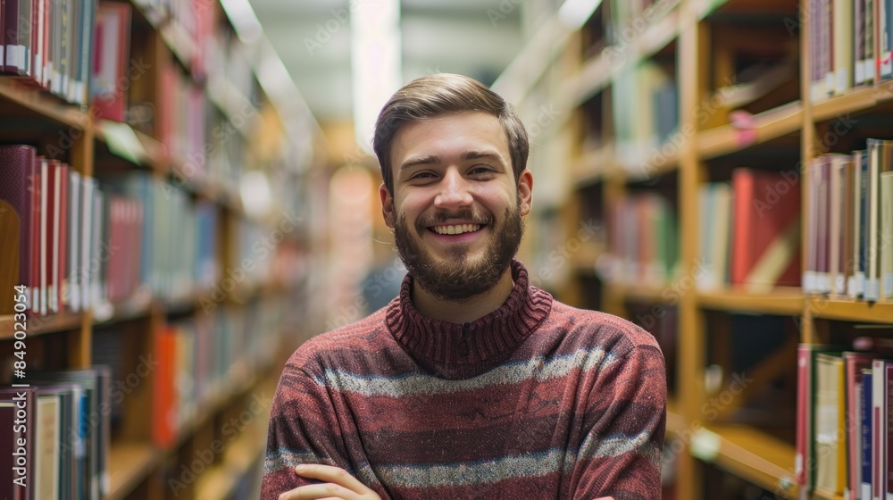 Smiling young man student in college library Smiling young man student in college library
