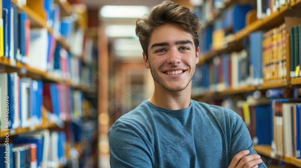 Smiling young man student in college library Smiling young man student in college library