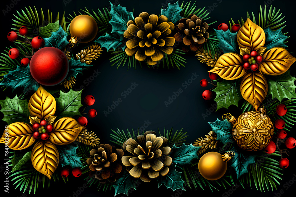 A wreath of Christmas decorations with gold and red leaves and gold and red balls. The wreath is surrounded by a black background A wreath of Christmas decorations with gold and red leaves and gold and red balls. The wreath is surrounded by a black background