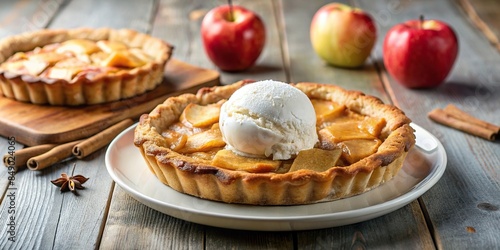 Freshly baked apple pie with vanilla ice cream scoop on top, dessert, pastry, homemade, baked, sweet, tangy photo