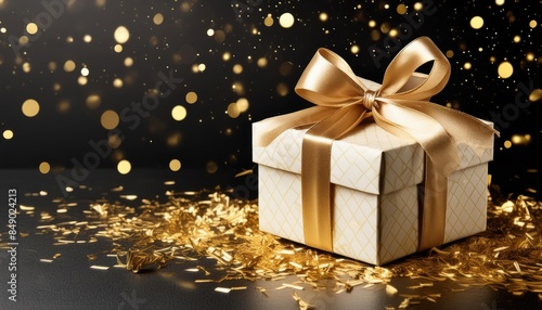 A festive golden gift box adorned with a golden ribbon and bow, with spacing, blur golden bokeh background, black scene
