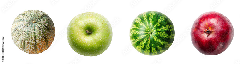 Obraz premium Above view of Fruits including of melon, apple, watermelon and pomegranate isolated on background, flat lay mix fruit for summer season.