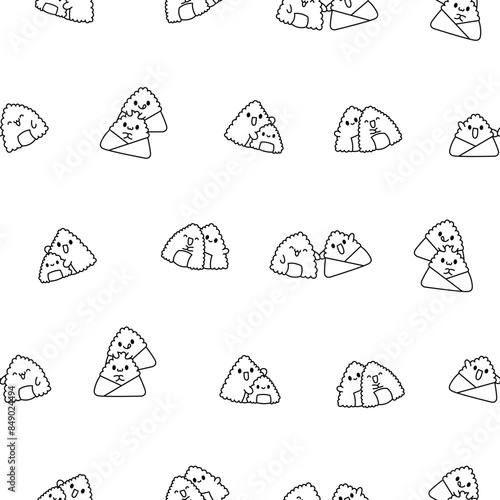 Cute kawaii onigiri. Seamless pattern. Coloring Page. Funny sushi cartoon character. Asian rice and nori food. Hand drawn style. Vector drawing. Design ornaments.