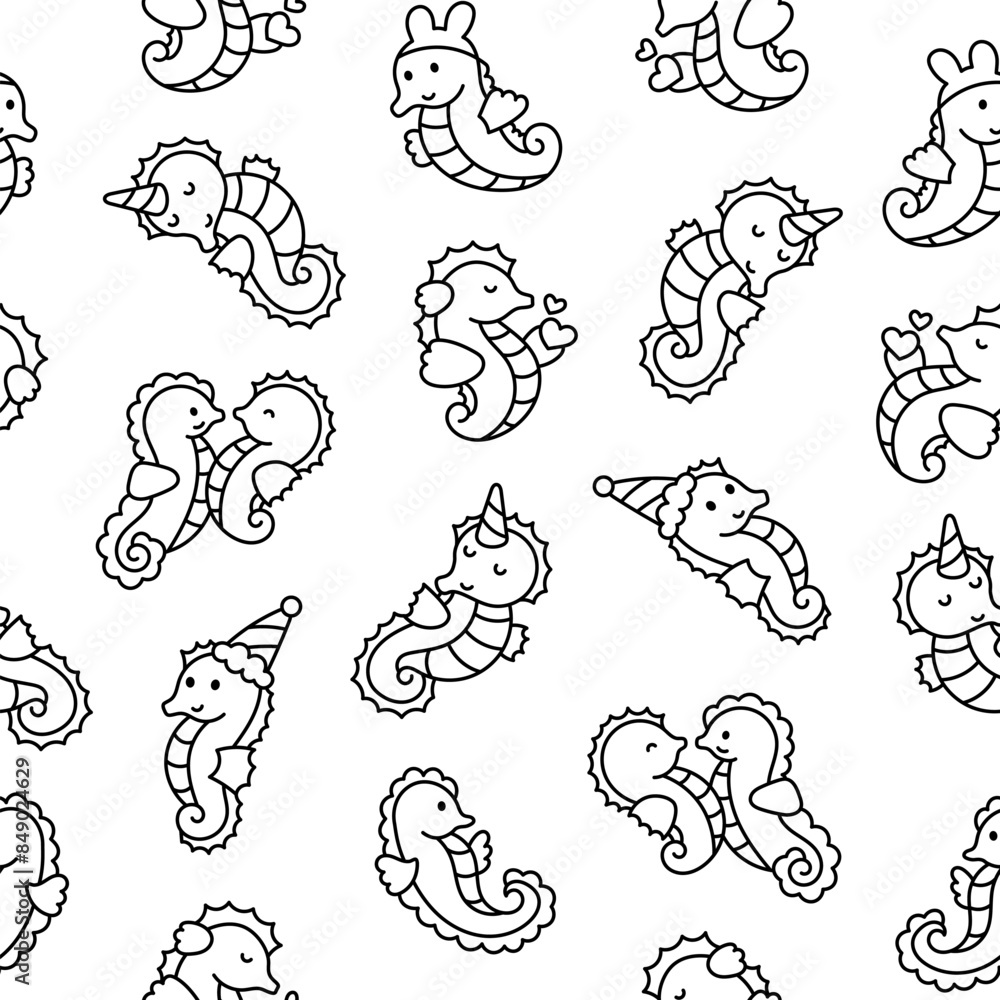 Cute kawaii seahorse. Seamless pattern. Coloring Page. Cartoon underwater animal characters. Hand drawn style. Vector drawing. Design ornaments.