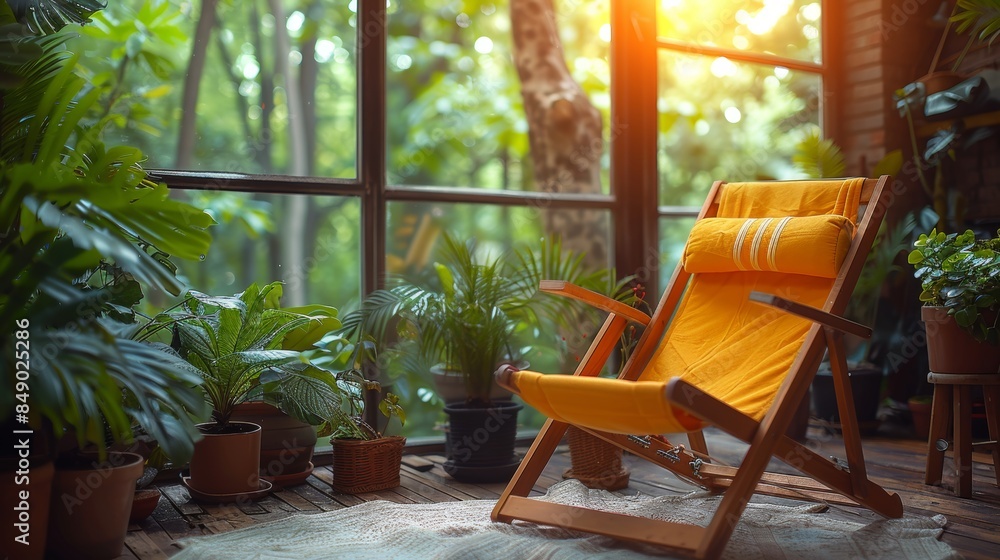 Tropical vacation vibe yellow beach chair with palm fronds backdrop, ideal concept for relaxation Tropical vacation vibe yellow beach chair with palm fronds backdrop, ideal concept for relaxation