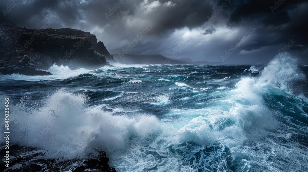 Obraz premium raw power of the Southern Ocean as it crashes against the rocky shores of the Kerguelen Islands during a storm. The photograph freezes a moment of chaos and drama, with towering waves surging towards 