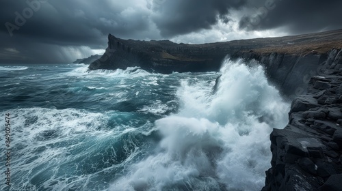 raw power of the Southern Ocean as it crashes against the rocky shores of the Kerguelen Islands during a storm. The photograph freezes a moment of chaos and drama, with towering waves surging towards  photo