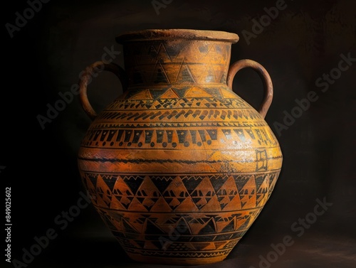 A graceful ceramic vessel from the Indus Valley civilization, adorned with intricate geometric patterns and stylized motifs. The earthy tones of ochre and terracotta complement the vessel's elegant 