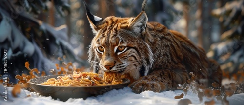 Lynx eating spaghetti at a mountain lodge