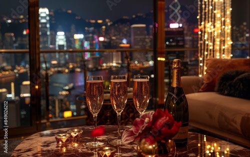 A lavish lifestyle scene set in a luxurious penthouse overlooking a glittering city skyline. The atmosphere is one of indulgence and sophistication, with champagne flutes clinking and laughter 