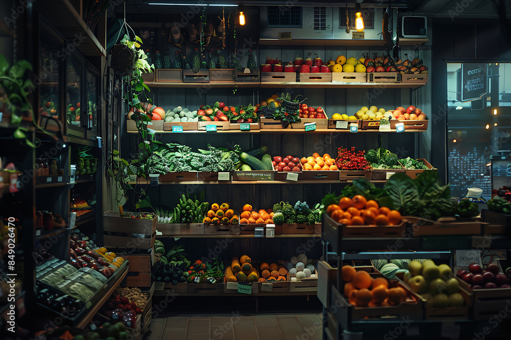 A bustling grocery store with aisles filled with a variety of fresh produce, packaged goods, and household items, featuring shoppers with carts, neatly arranged shelves, and a vibrant 