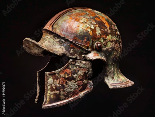 A meticulously preserved Roman legionary helmet recovered from a Punic Wars battlefield, showcasing intricate details and battle scars. The patina of age lends an air of authenticity to the artifact, 