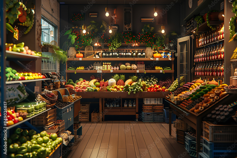 A bustling grocery store with aisles filled with a variety of fresh produce, packaged goods, and household items, featuring shoppers with carts, neatly arranged shelves, and a vibrant A bustling grocery store with aisles filled with a variety of fresh produce, packaged goods, and household items, featuring shoppers with carts, neatly arranged shelves, and a vibrant