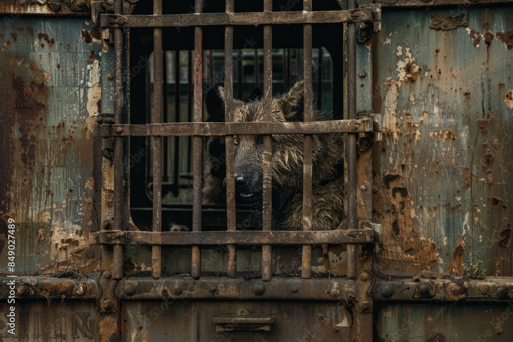 A disturbing image of dog trapped in a dilapidated, rusted-out cage in the back of a rundown circus wagon. His once-glossy coat is matted and filthy, and his ribs protrude painfully through his thin A disturbing image of dog trapped in a dilapidated, rusted-out cage in the back of a rundown circus wagon. His once-glossy coat is matted and filthy, and his ribs protrude painfully through his thin