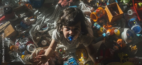 Abandoned poor baby with pacifier among scattered toys photo