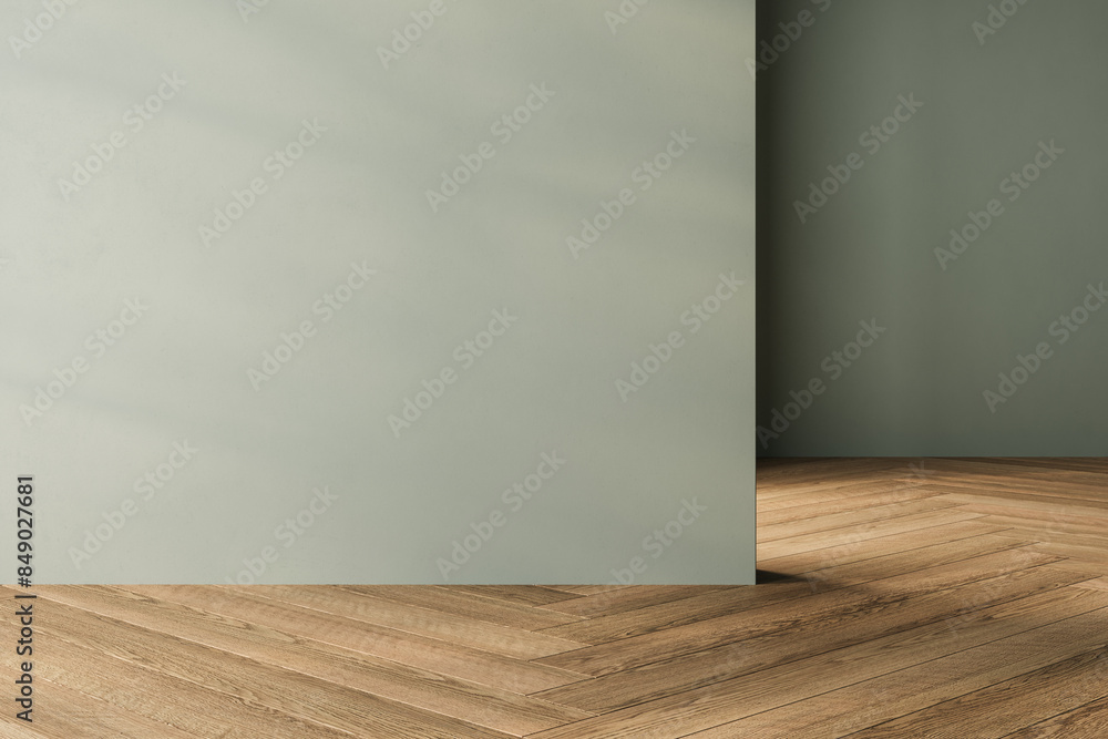 Modern contemporary loft empty room with green tones wall. The Room has parquet floor, plant, window. Modern contemporary loft empty room with green tones wall. The Room has parquet floor, plant, window.