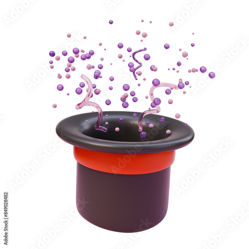 Foto 3d render illustration of black magician hat with a red ribbon and glowing particles