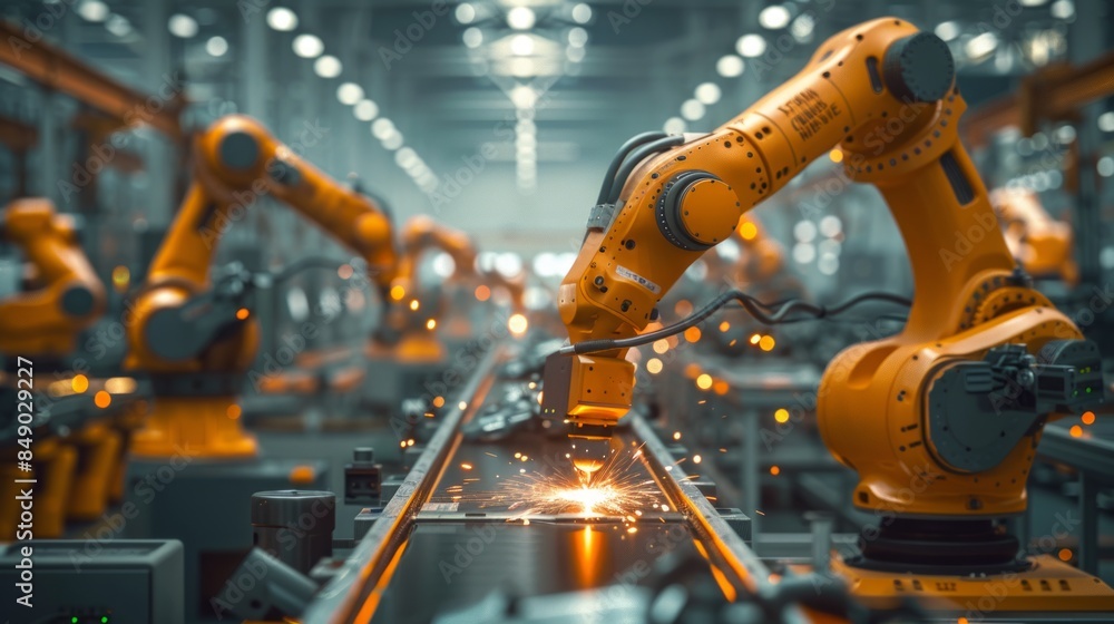 Industrial Robot Arm Welding on Assembly Line Industrial Robot Arm Welding on Assembly Line