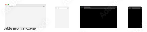 Browser window template. Blank web page mockup. Web browser window interface in dark and light theme.
