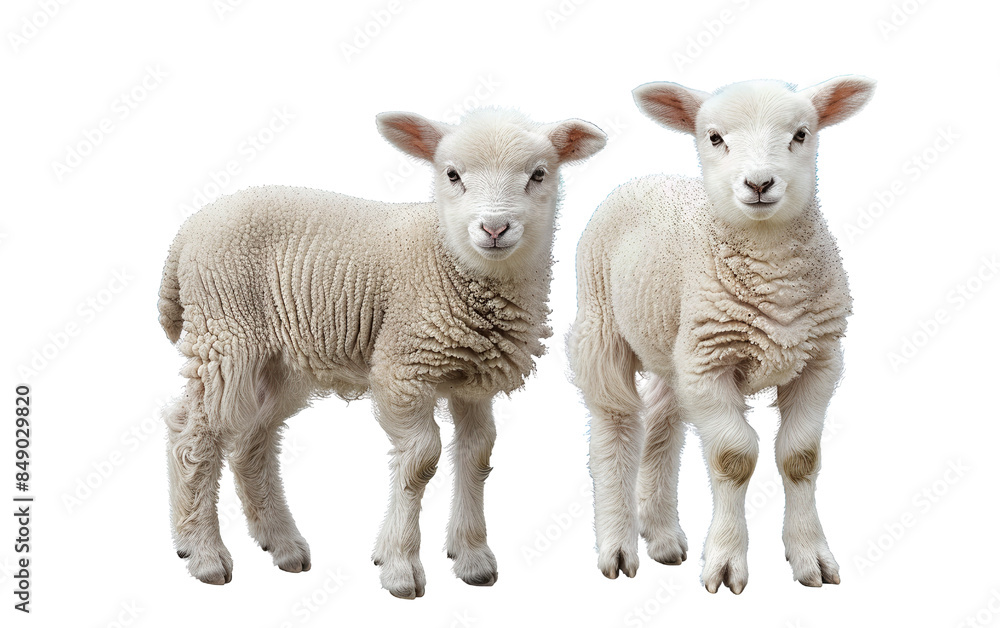 Two cute lambs standing together on a white background, showcasing their fluffy coats and curious expressions. Two cute lambs standing together on a white background, showcasing their fluffy coats and curious expressions.