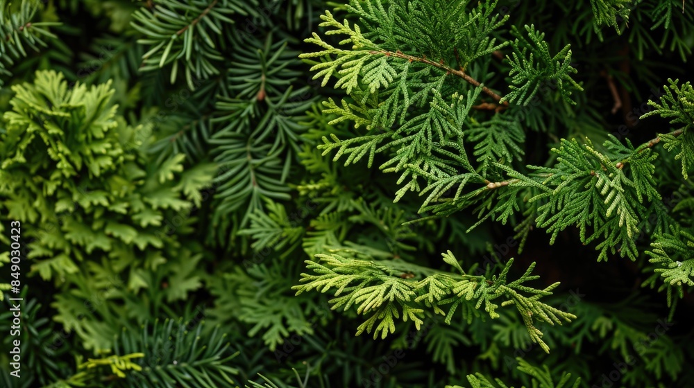 Natural decoration Branches and leaves of Thuja and cedar on a backdrop of nature Natural decoration Branches and leaves of Thuja and cedar on a backdrop of nature