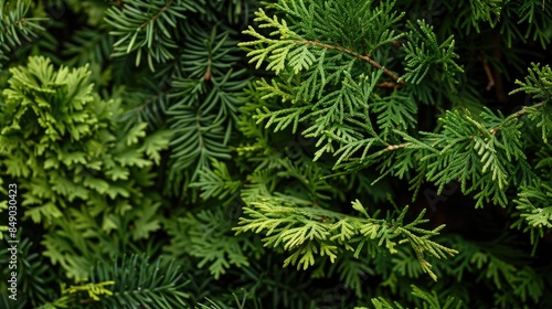 Natural decoration Branches and leaves of Thuja and cedar on a backdrop of nature