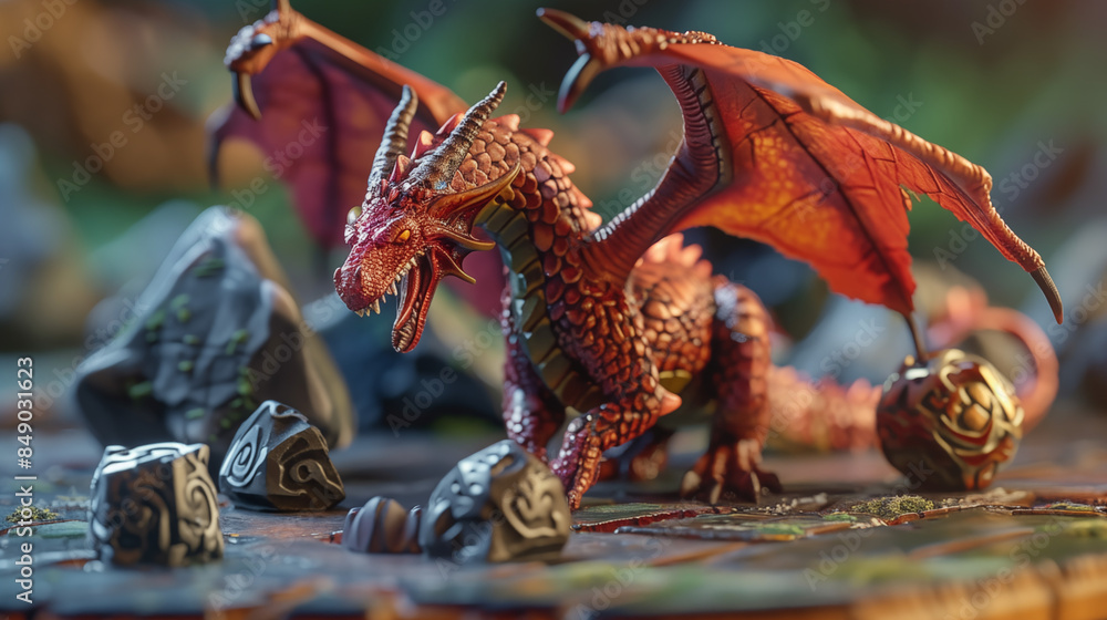 Naklejka premium Detailed Dragon Miniature with Intricate Dice on Fantasy Game Board