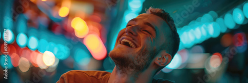 A close-up of a man laughing with his head tilted back, bathed in the colorful glow of city lights photo