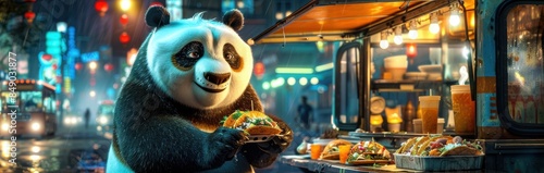 Panda munching on tacos at a food truck photo