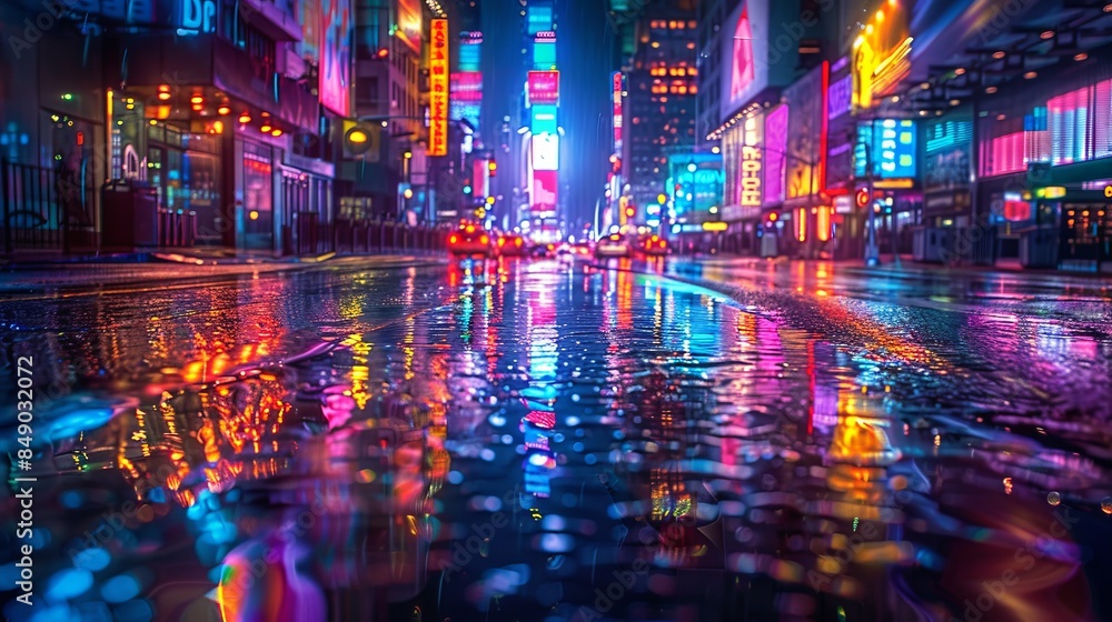Neon-lit city street at night with reflections on wet pavement, creating a vibrant and dynamic urban scene Neon-lit city street at night with reflections on wet pavement, creating a vibrant and dynamic urban scene
