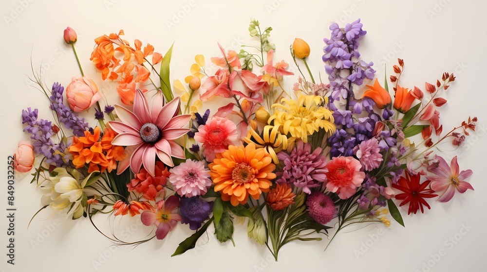 Obraz premium A stunning botanical artwork depicting a collection of bright and colorful flowers and foliage, meticulously illustrated to capture the essence of natural beauty