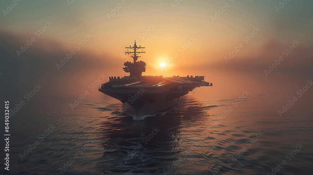 Aircraft carrier sailing through calm waters at sunrise Aircraft carrier sailing through calm waters at sunrise
