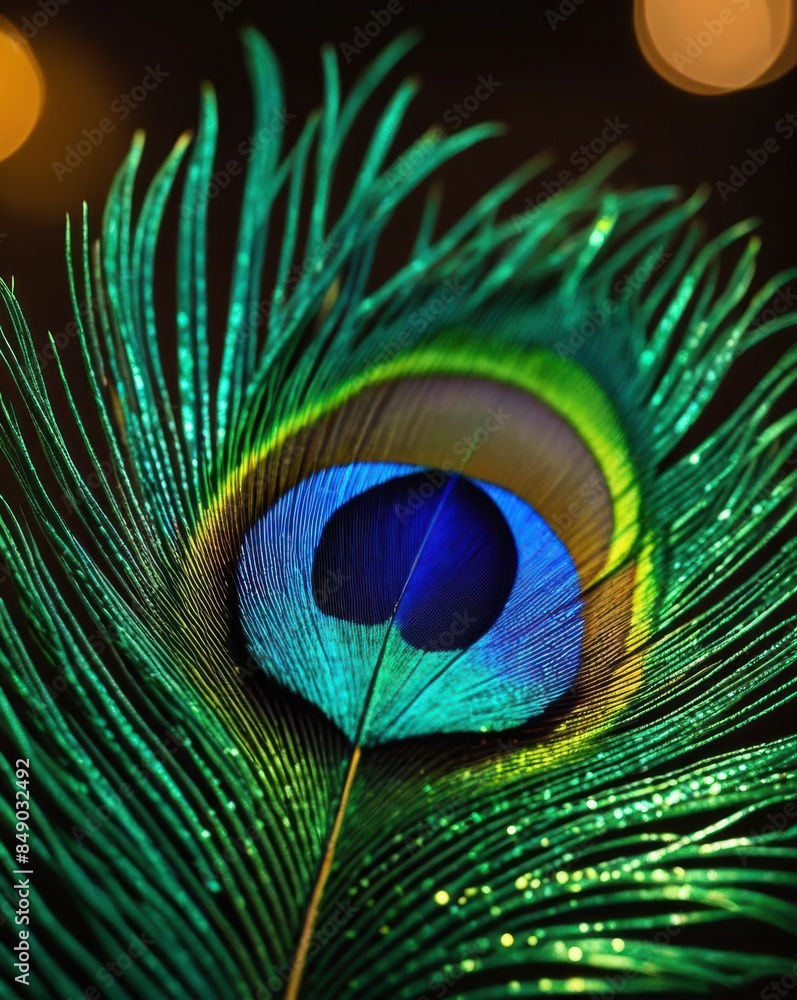 Obraz premium A close-up photo of a vibrant peacock feather showcasing its intricate details and iridescent colors, set against a simple, blurred background.