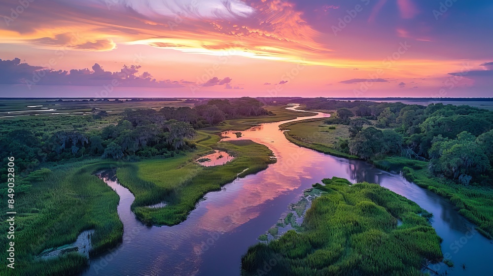 Naklejka premium Scenic river landscape at sunset