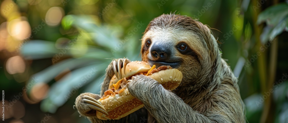 Naklejka premium Sloth munching on a sub sandwich in a rainforest