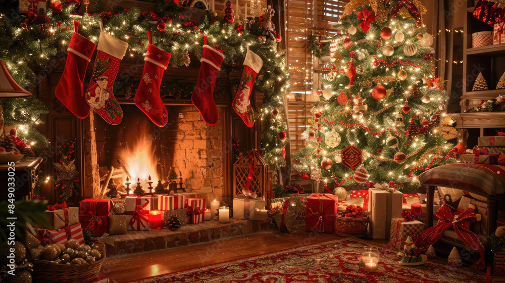 A warm and inviting Christmas scene featuring a lit fireplace, decorated Christmas tree, and stockings hanging on the mantle