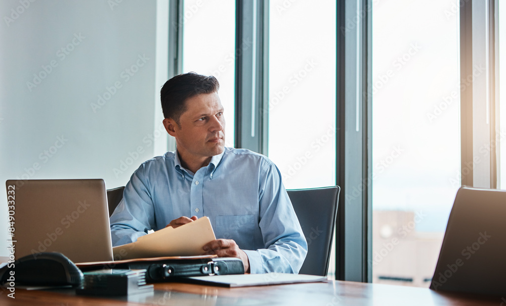 Office, thinking and businessman with paperwork, contract and understanding information of case rules. Corporate firm, male lawyer and document of compliance, regulations and brainstorm with ideas Office, thinking and businessman with paperwork, contract and understanding information of case rules. Corporate firm, male lawyer and document of compliance, regulations and brainstorm with ideas