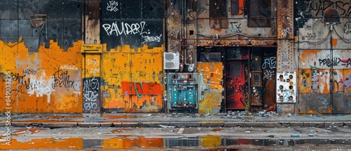 Street scene with vibrant graffiti and urban decay